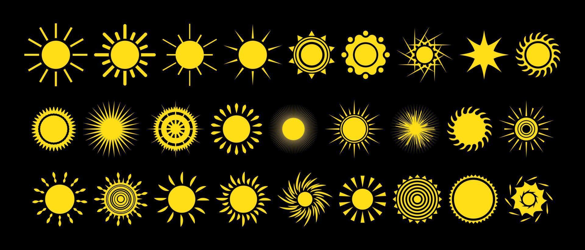 Set of yellow sun icons with various shapes. Summer, design elements, sunshine, daylight. Vector illustration