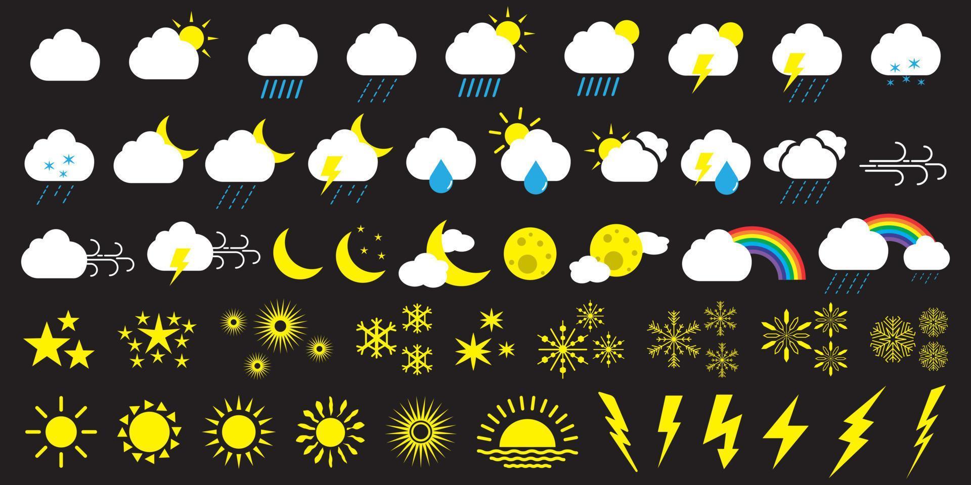 Set of weather conditions icons in cartoon style. Suitable for web design elements. Clouds, sunny day, moon, snowflakes, wind, sun day, rainbow, etc. Vector illustration.