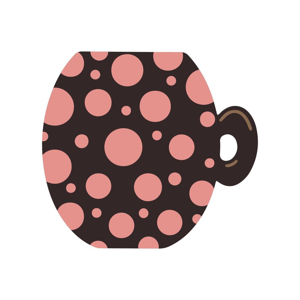 Hand drawn Cup of tea isolated on white background. Doodle modern mug of coffee. Cartoon flat cup with cute flat polka dot design. Ceramic tableware. Cute trendy crockery with handle for drink vector