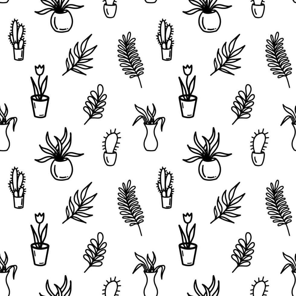 Abstract flower seamless pattern with leaves and dots. Doodle cute black and white background. Summer monochrome simple print. Hand drawn flowers in pots. Black and white wallpaper, cactus, tulip vector