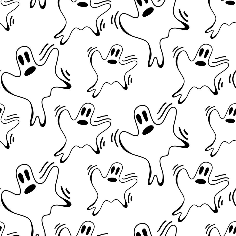 patrón transparente de vector halloween fantasma aislado sobre fondo blanco. ilustración graciosa y linda para diseño de temporada, textil, decoración de sala de juegos para niños o tarjeta de felicitación. impresiones dibujadas a mano y garabatos.