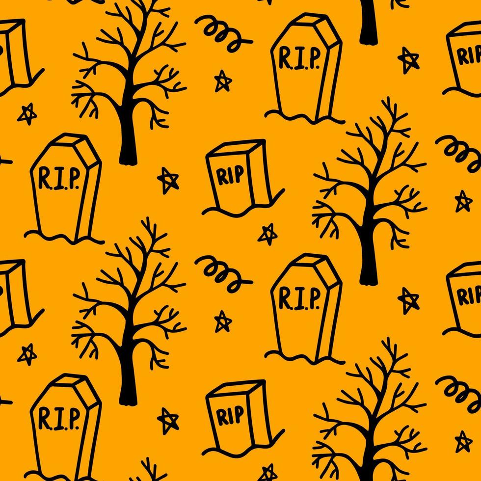 Vector halloween seamless pattern. Cemetery with dry wood, graves, night sky, stars and curls abstract scribble. Illustration for seasonal design, textile, decoration kids playroom or greeting card.