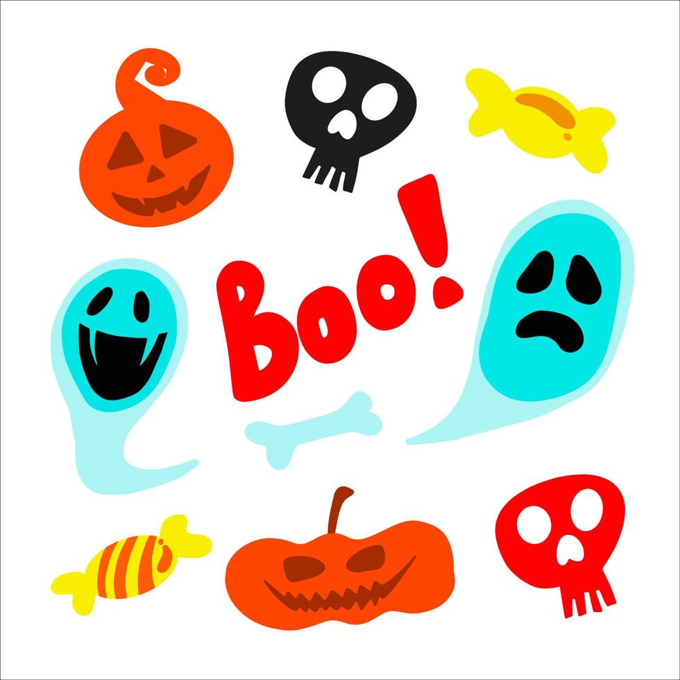 Halloween set of  doodle clipart. Funny, cute illustration for seasonal design, textile, decoration kids playroom or greeting card. Hand drawn prints and color halloween elements for celebration. vector
