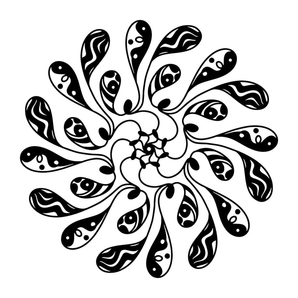Hand drawn scribble spider web mandala isolated on white background. Cute doodle squid, octopus, tentacles, alien, aster, Chrysanthemum, dreamcatcher. Coloring page for adult and kids. Antistress book vector