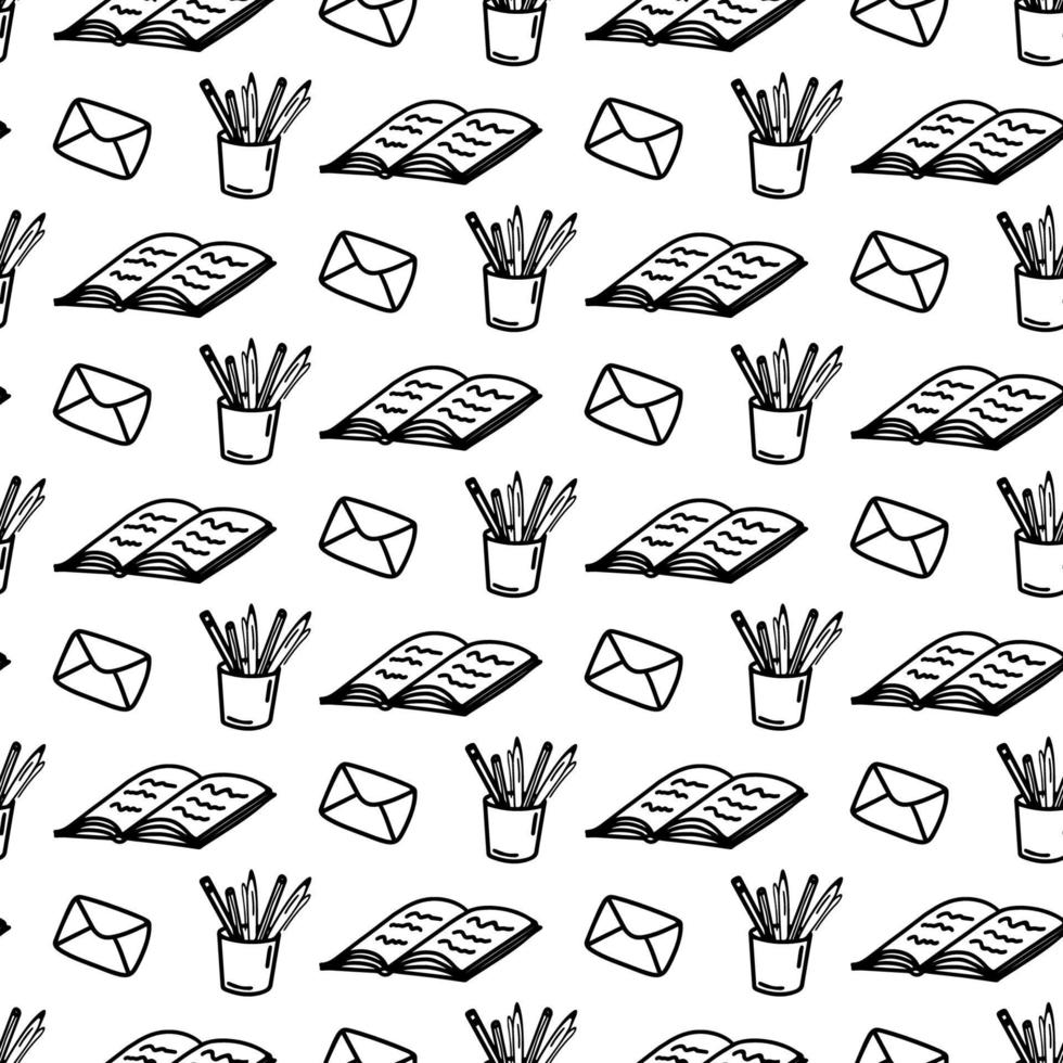 Hand drawn seamless pattern with book, notebook, envelope, pencils, pens on white background. Doodle educational design in line art style. Adult and kids coloring page. Back to school. school supplies vector