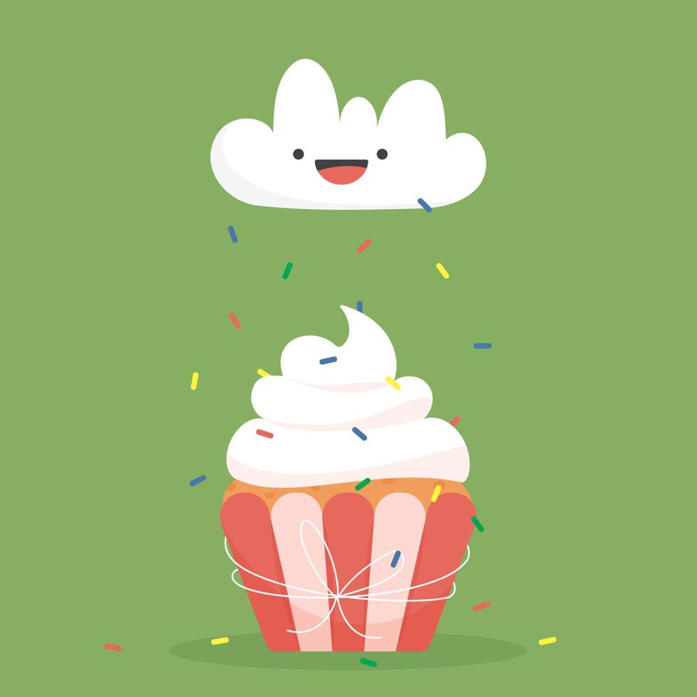 Vanilla cream cake with confetti rain. Cloud with a smile. Holiday emotions. Vector isolated image on a green background.