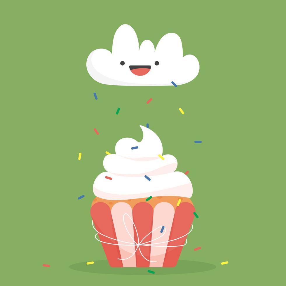 Tarta de crema de vainilla con lluvia de confetti. nube con una sonrisa. emociones de vacaciones. imagen vectorial aislada en un fondo verde. vector