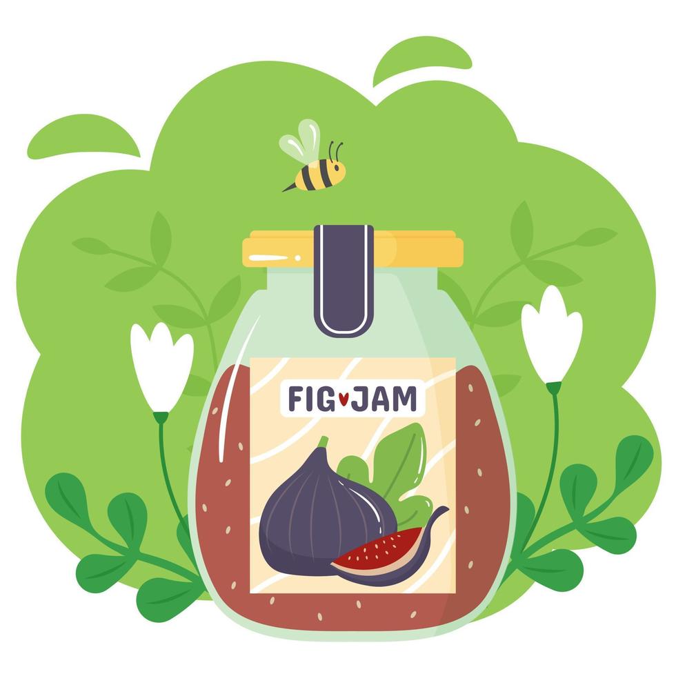 A jar of fig jam on a green background. In the background are white flowers, leaves and a bee. Vector isolated image.