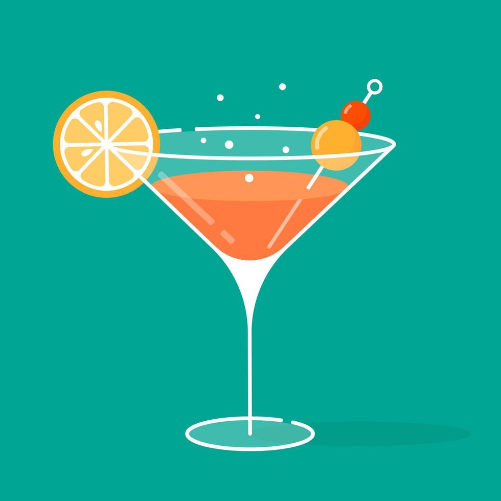 Glass with fruit cocktail on a green background. The drink is decorated with lemon and fruit canapes. Fruit juice or lemonade. Suitable for window dressing, menus, invitations. Isolated image. vector