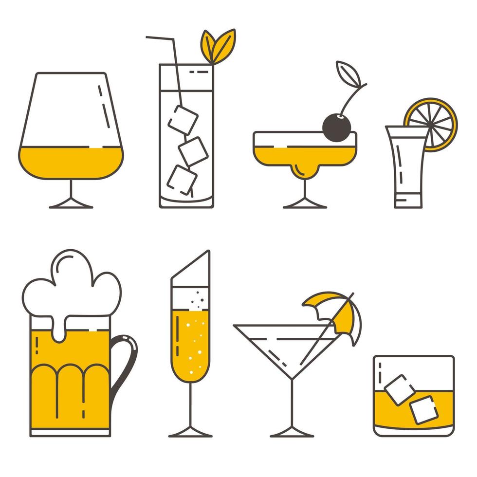 Set of alcoholic drinks on a white background. Icons in line-art style. Isolated object. vector