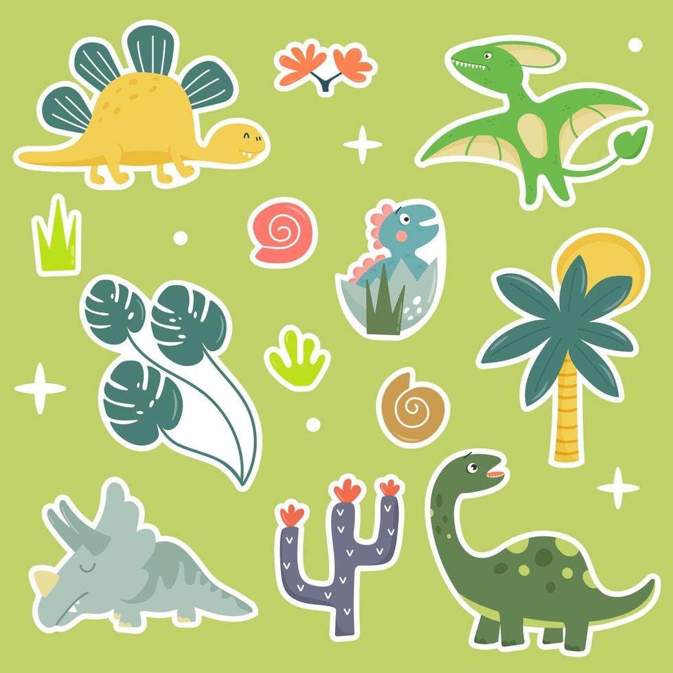 colección de dinosaurios de colores y dibujos animados. conjunto de pegatinas, logos, insignias o etiquetas. ilustración vectorial aislada en estilo plano. vector