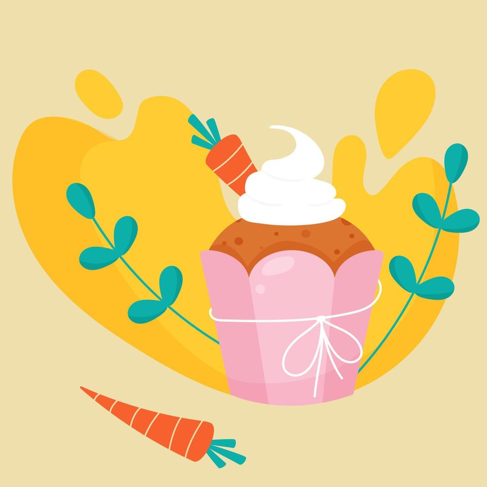 Carrot cupcake with cream on the background of splashes and foliage. Vector isolated image