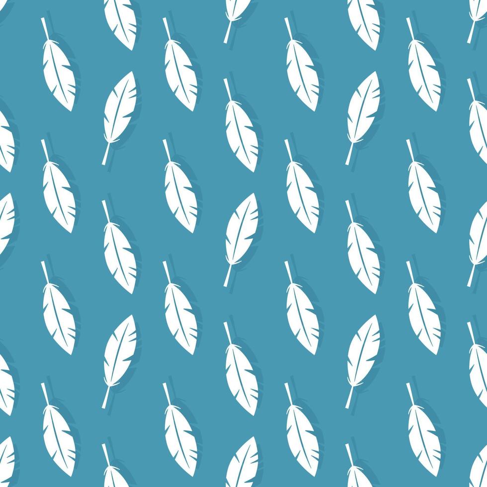 White feathers on a blue background. Seamless pattern. Isolated vector image. Background texture.