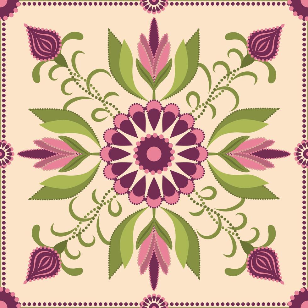 Square tile arabesque pattern with pink flower and buds with green leafs on beige background. vector