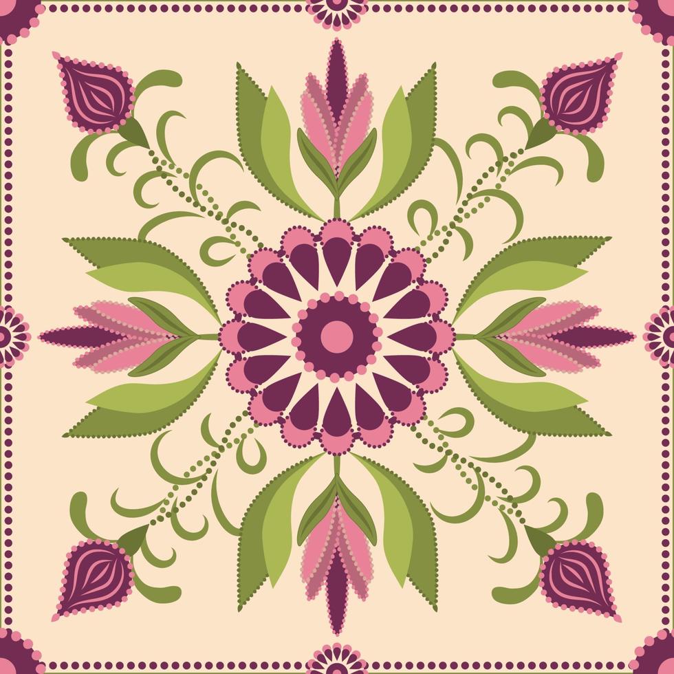 Square tile arabesque pattern with pink flower and buds with green leafs on beige background. vector