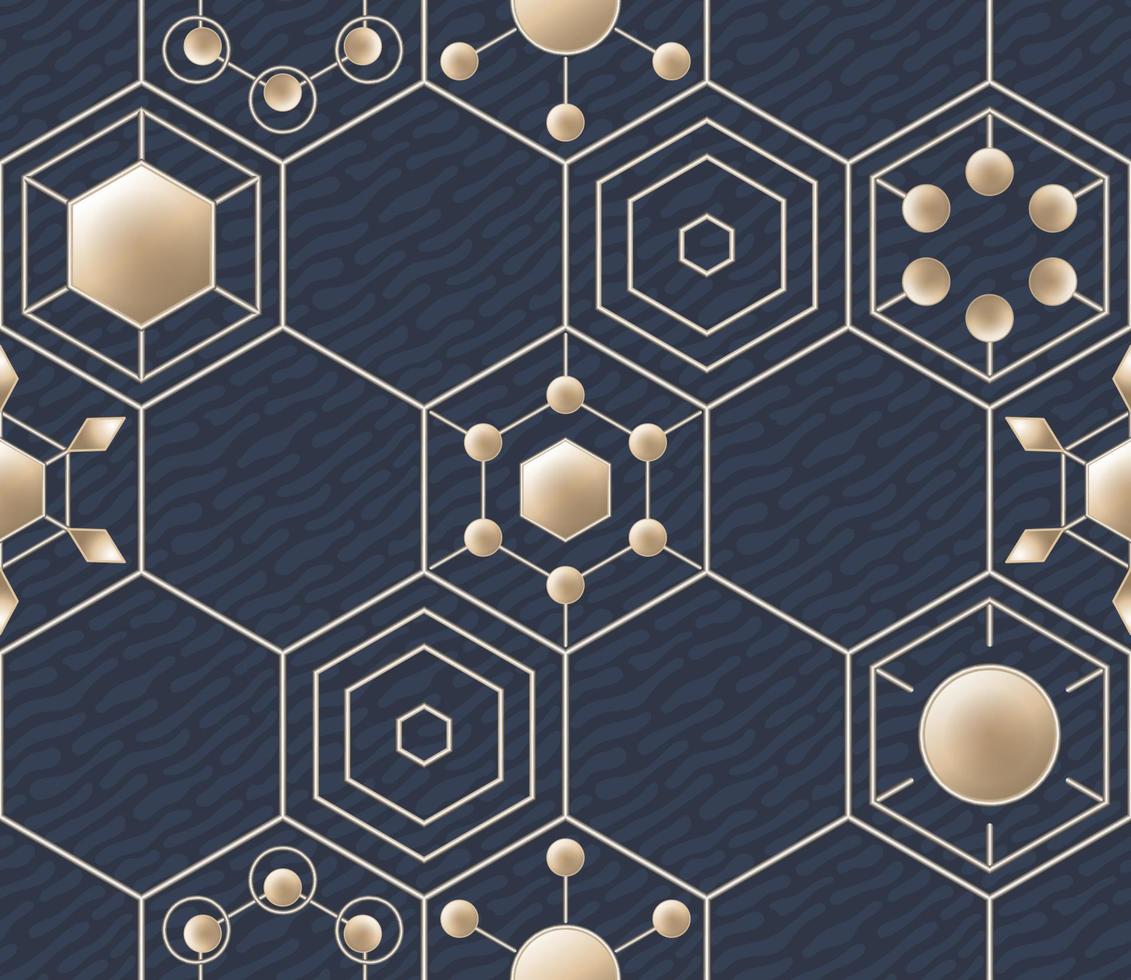 Hexagon dark blue seamless pattern with geometric gold elements. Hexagonal grid with elements in chaotic order. Vector, clipping mask. vector