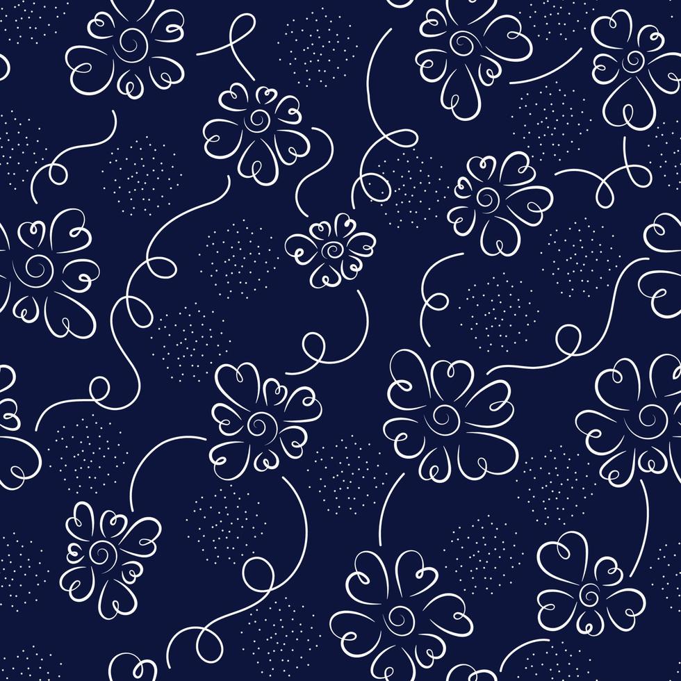 White contour flowers on dark blue background with tendrils and white dots. Floral seamless pattern vector