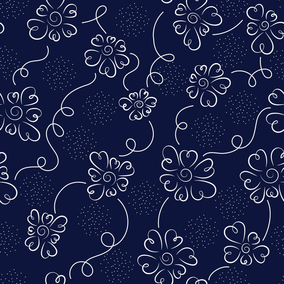 flores de contorno blanco sobre fondo azul oscuro con zarcillos y puntos blancos. patrones sin fisuras florales vector