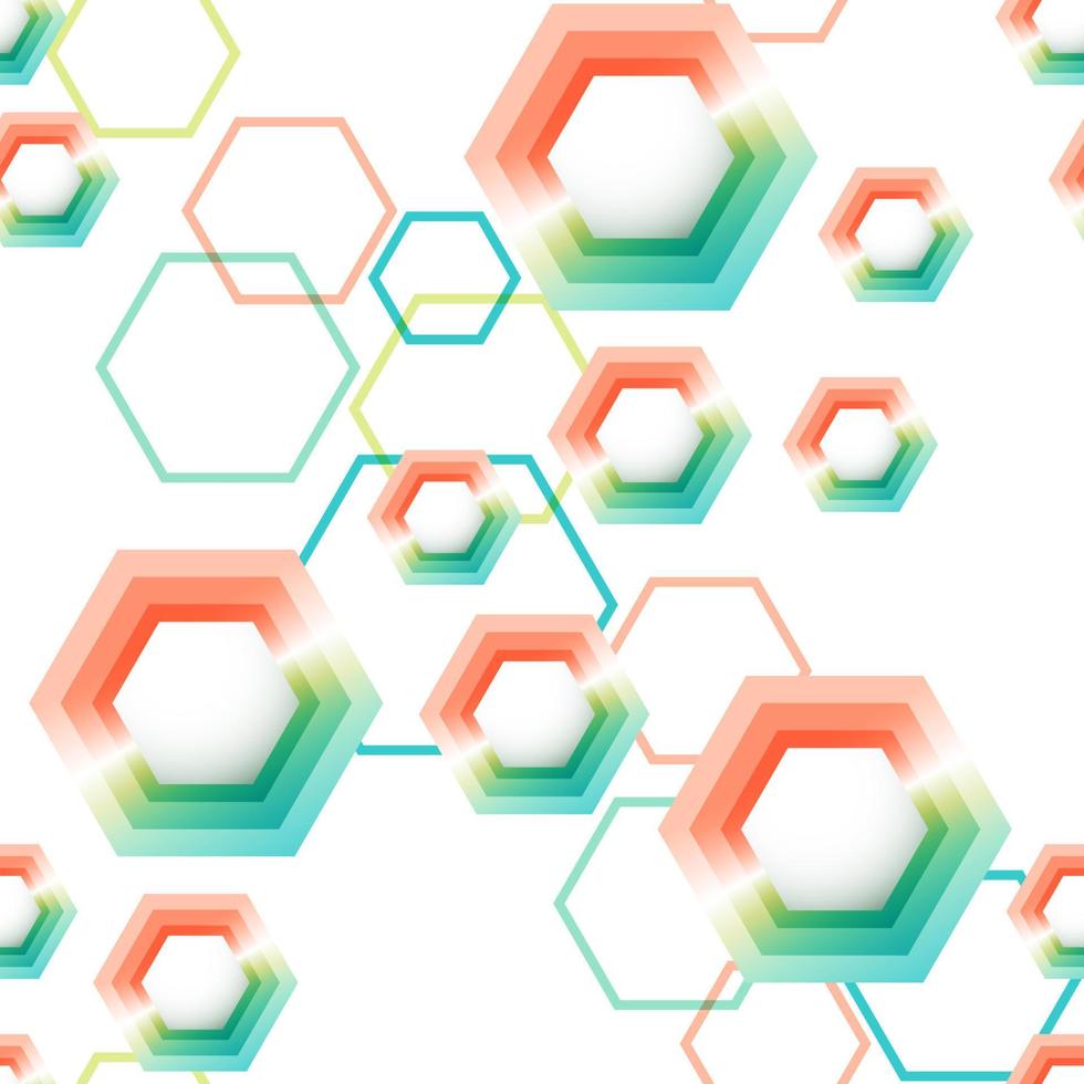 Seamless pattern with overlapping gradient hexagons and contour hexagons. Diagonal composition. vector