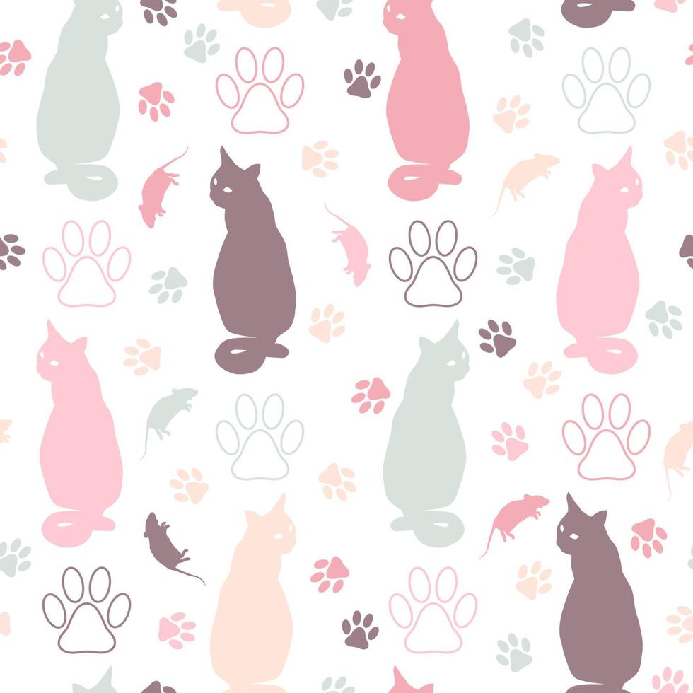 Seamless pattern with pink, green, beige, gray silhouettes of sitting cats, mouse, contour cat footprint on white background. Vector illustration in pastel colors.