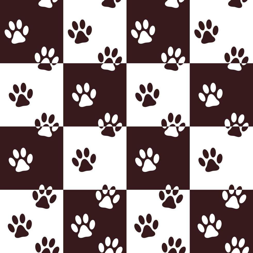 Seamless chess pattern background with footprints of home pet. Black and white. Vector. vector