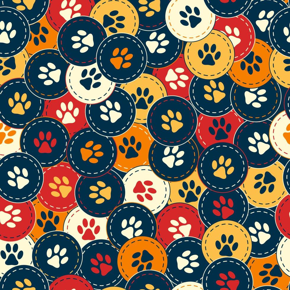 fondo de patrón sin costuras con huellas de mascotas caseras en círculos superpuestos caóticos. Bueno para la decoración de envolturas, artículos para mascotas. Colores cálidos. vector. vector