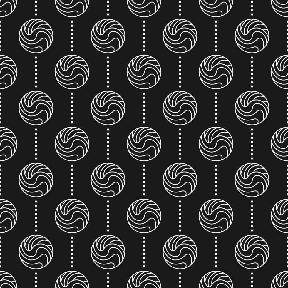 Geometric seamless pattern with spheres, dotted vertical lines. Minimal abstract line art style. White lines on black background. Vector background.