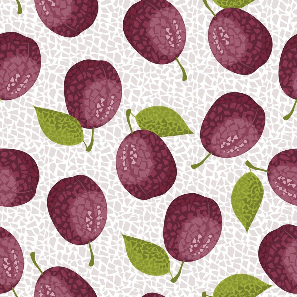 ciruelas en estilo mosaico con pequeñas formas poligonales. patrón de vector transparente de fruta.