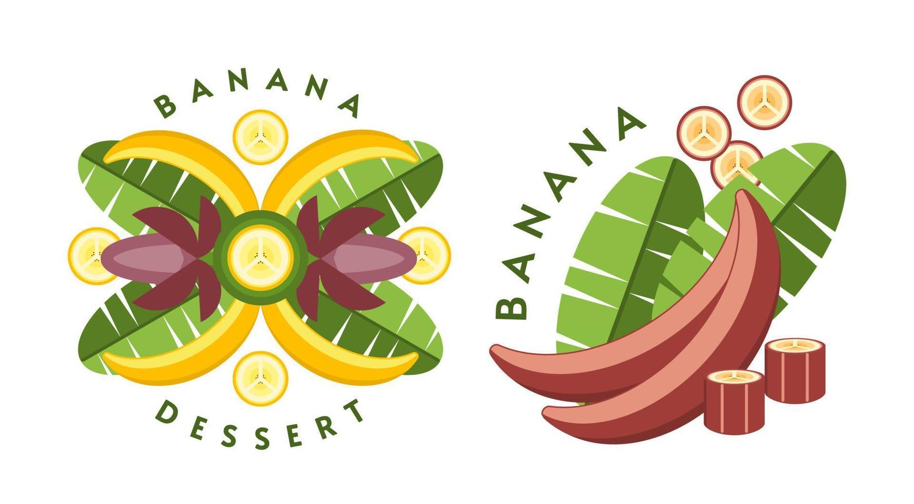 Set of logos, emblems, badges with yellow, red bananas, banana flowers, leaves, slices, bunch of bananas. Isolated vector illustration. Good for decoration of food package, creation of stickers. Flat