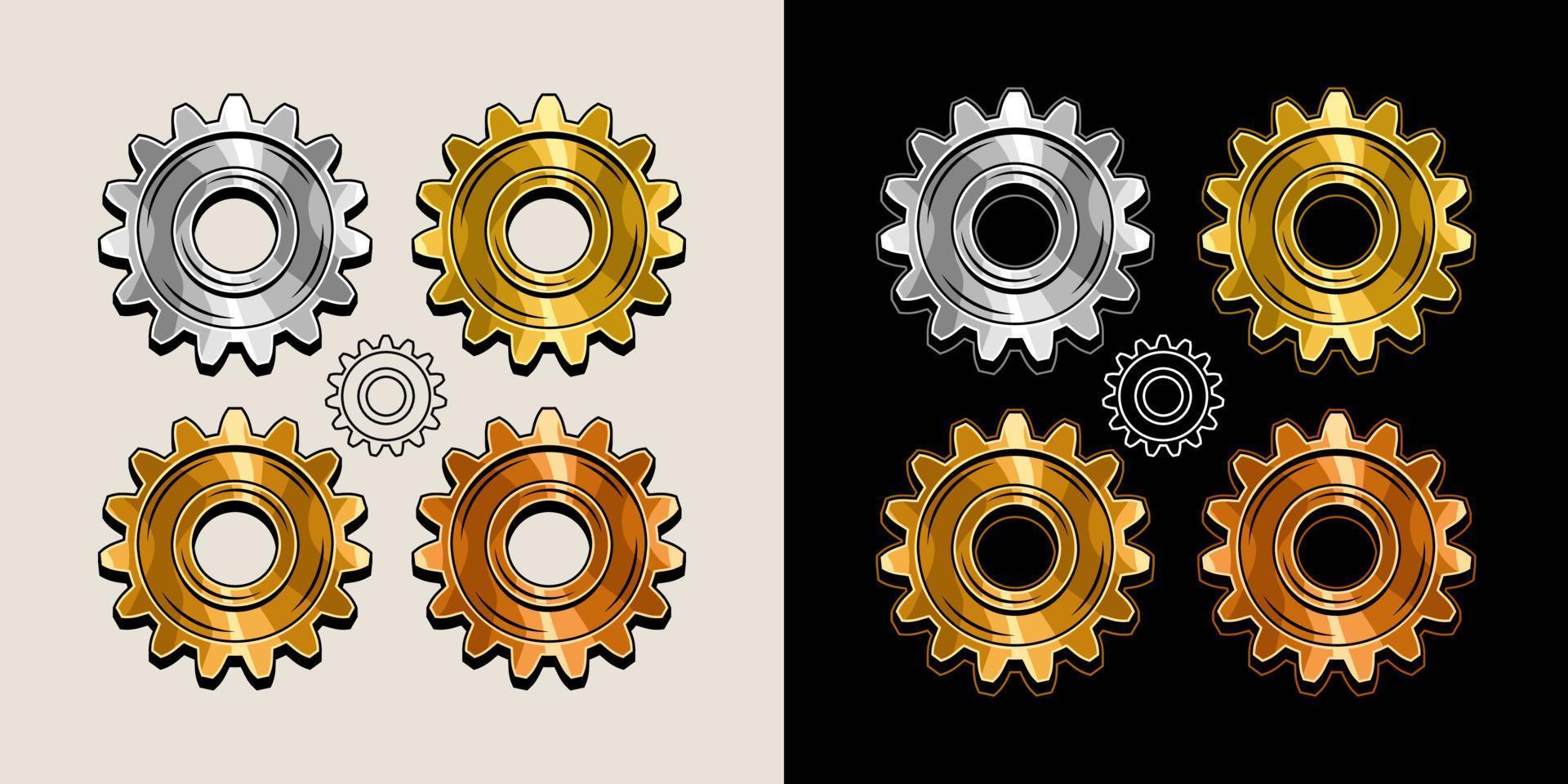 Gold, brass, copper, steel polished gears in vintage style. Base shape of gears with editable strokes. Good for decoration in steampunk style. Vector. vector