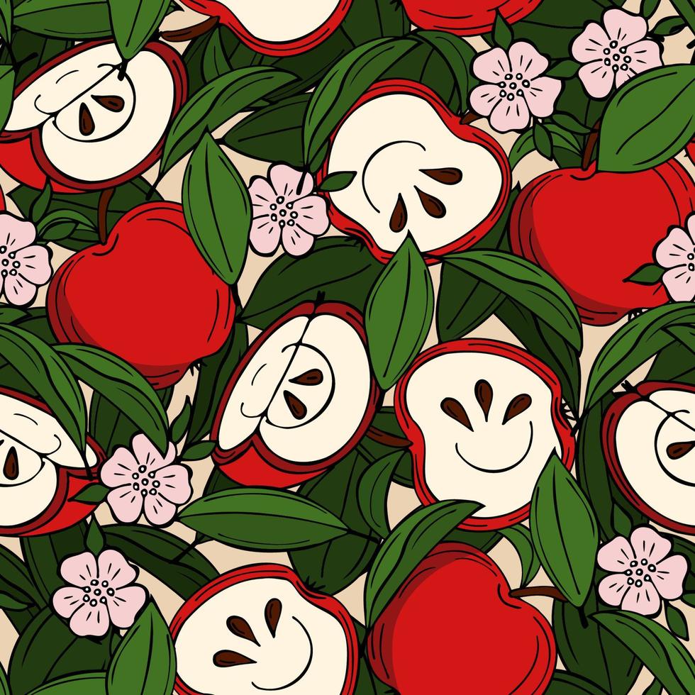 Seamless pattern with red apples, apple slices, apple blossom, green leaves. Densely arrangement of elements. Vector. vector