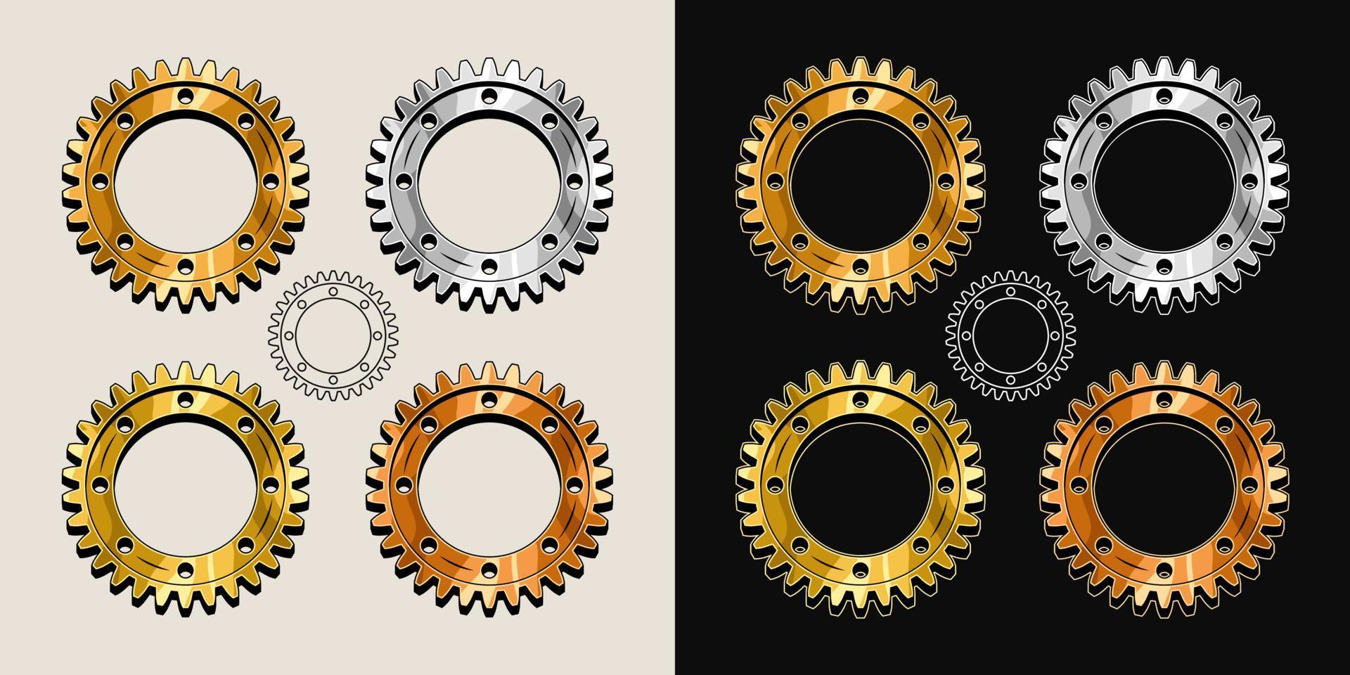 Gold, brass, copper, steel polished gears in vintage style. Base shape of gears with editable strokes. Good for decoration in steampunk style. Vector. vector