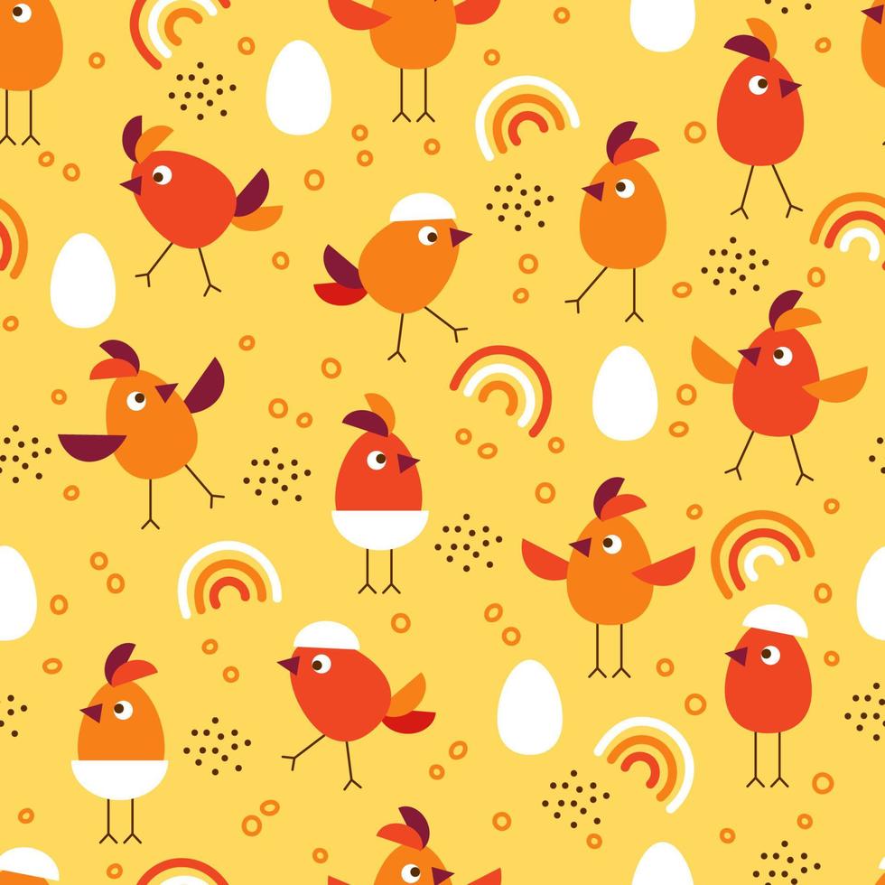 Seamless pattern with cute cartoon chicks, rainbow, eggs, dots. Simple geometric style. Vector design elements. Good for kid fabric, textile.