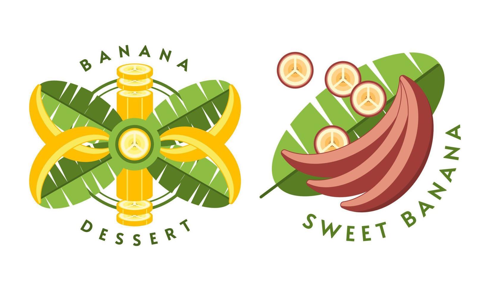 Set of logos, emblems, badges with yellow, red bananas, banana flowers, leaves, slices, bunch of bananas. Isolated vector illustration. Good for decoration of food package, creation of stickers