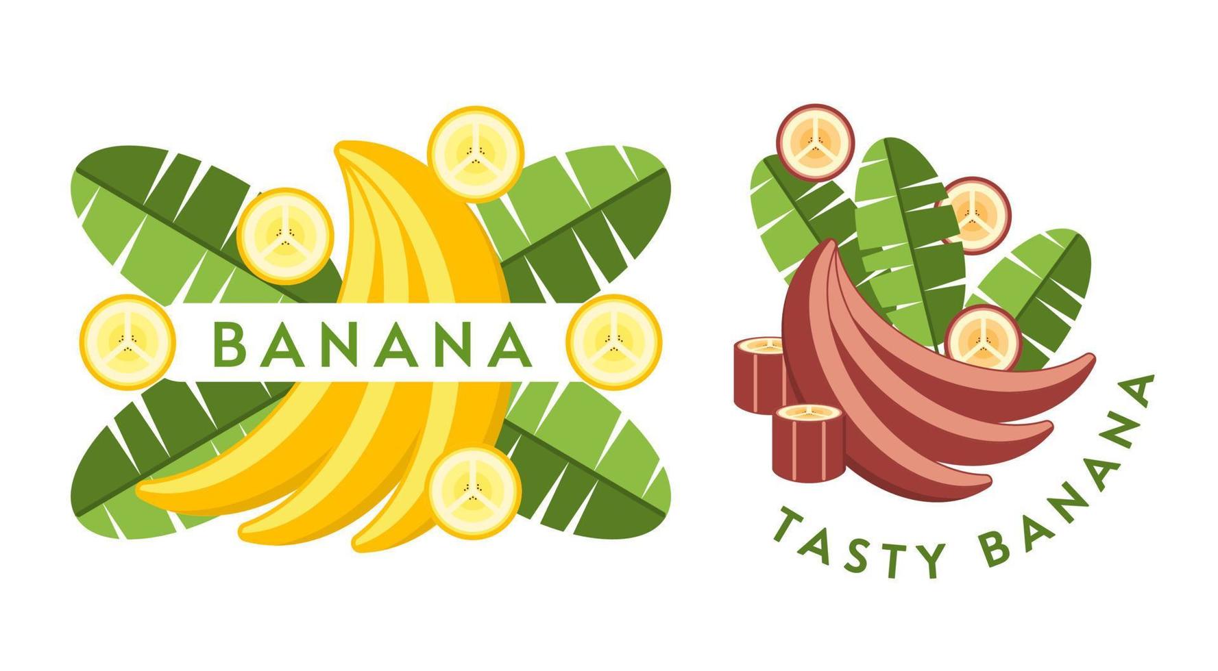 Set of logos, emblems, badges with yellow, red bananas, banana flowers, leaves, slices, bunch of bananas. Isolated vector illustration. Good for decoration of food package, creation of stickers. Flat