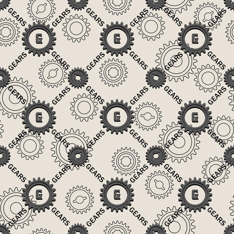 Seamless staggered geometric pattern with diagonal grid with grey gears and text. Linear gears behind on a white background. Steampunk style. vector