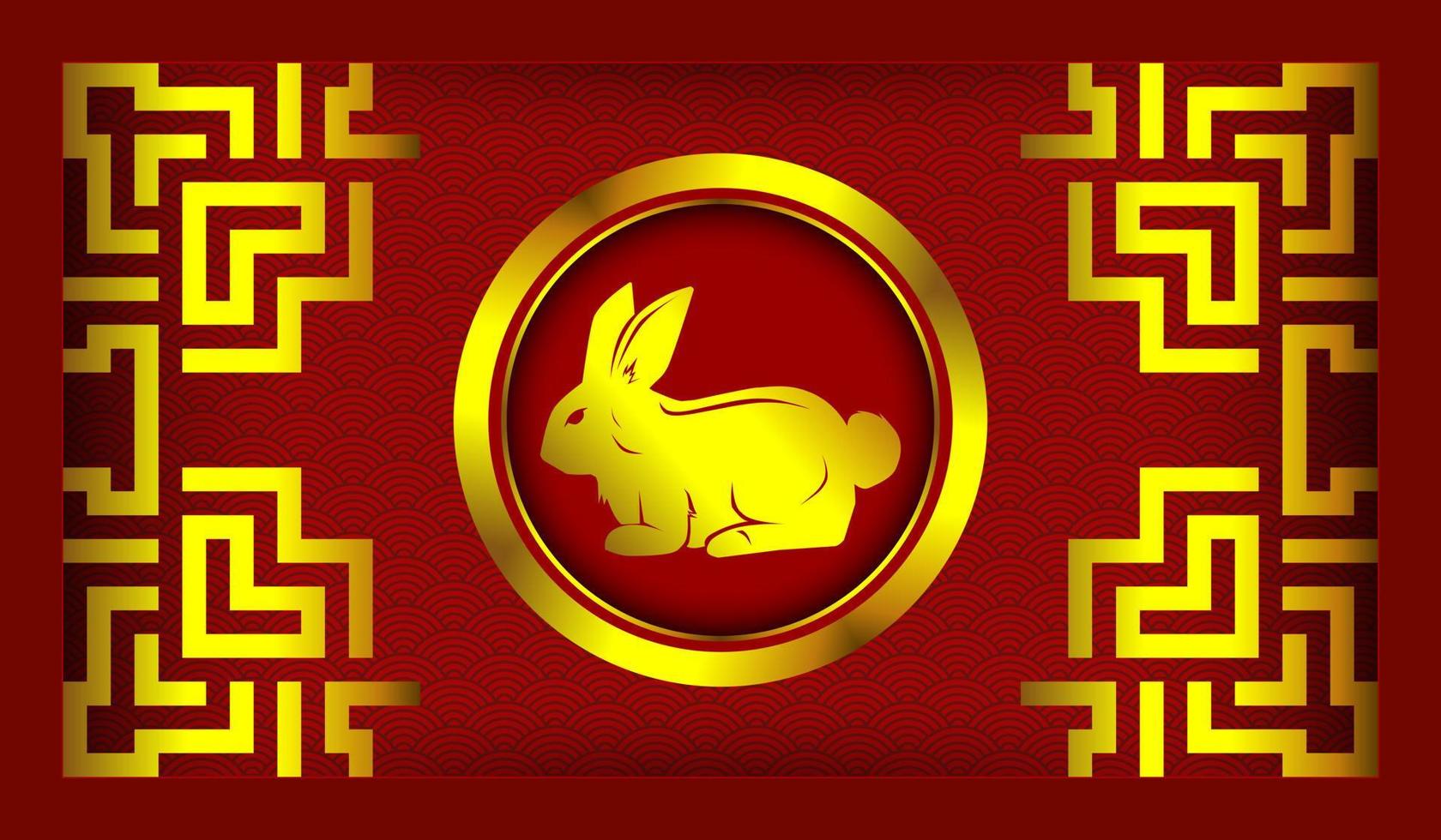 chinese new year flat design with rabbit logo on red background and gold ornament vector