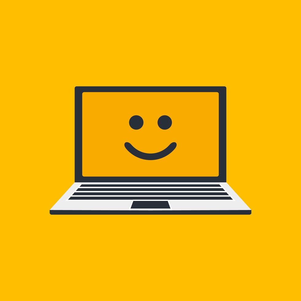 Yellow emoji smiling on laptop screen vector illustration. World smiling day 6th october. Isolated notebook on yellow background