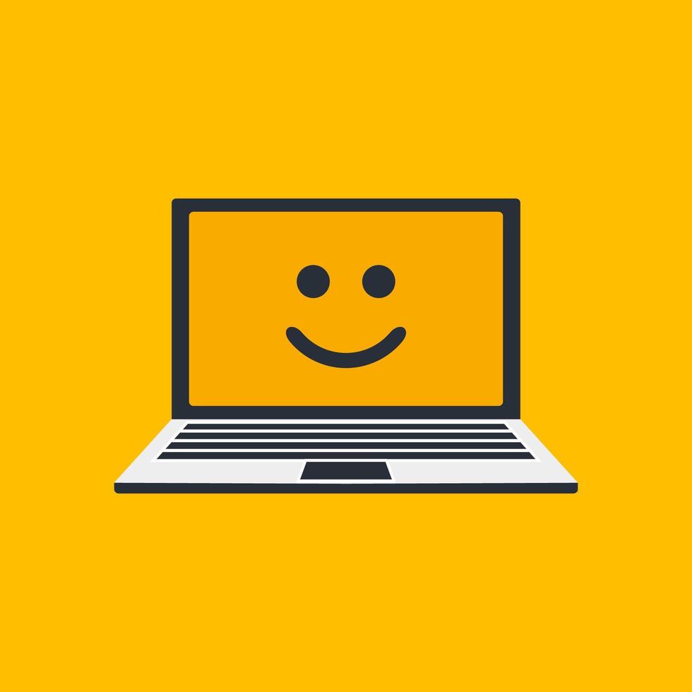 emoji amarillo sonriendo en la ilustración vectorial de la pantalla del portátil. día mundial de la sonrisa 6 de octubre. cuaderno aislado sobre fondo amarillo vector