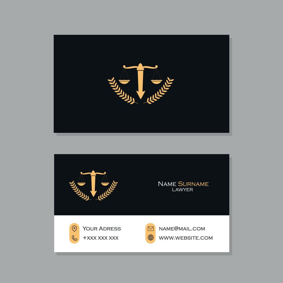 Black and white lawyer business card, with pen and scales of justice logo vector