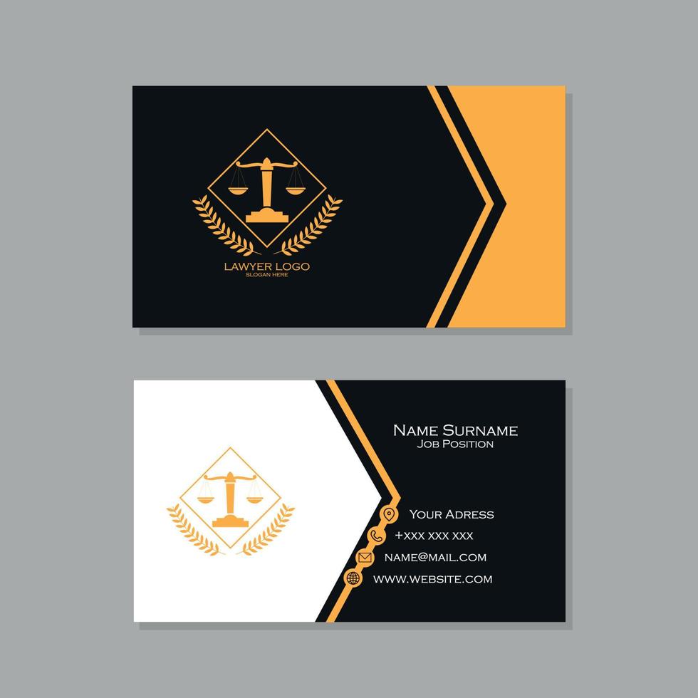 tarjeta de visita de abogado en negro, blanco y dorado con diseño de escala de justicia vector