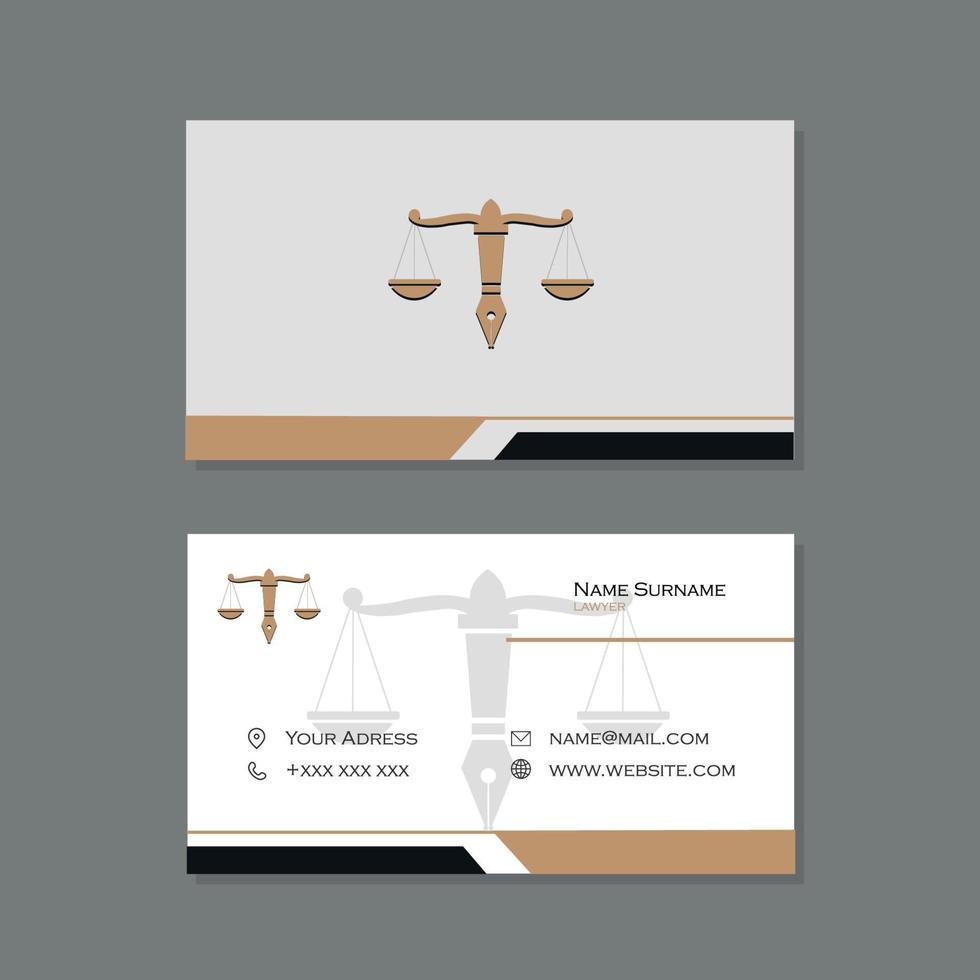 tarjeta de visita de abogado con logotipo de pluma y balanza de justicia, en oro y blanco vector