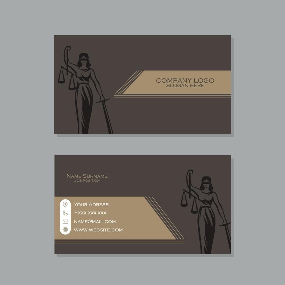 tarjeta de visita de abogado marrón y dorado con diseño de dama justicia vector