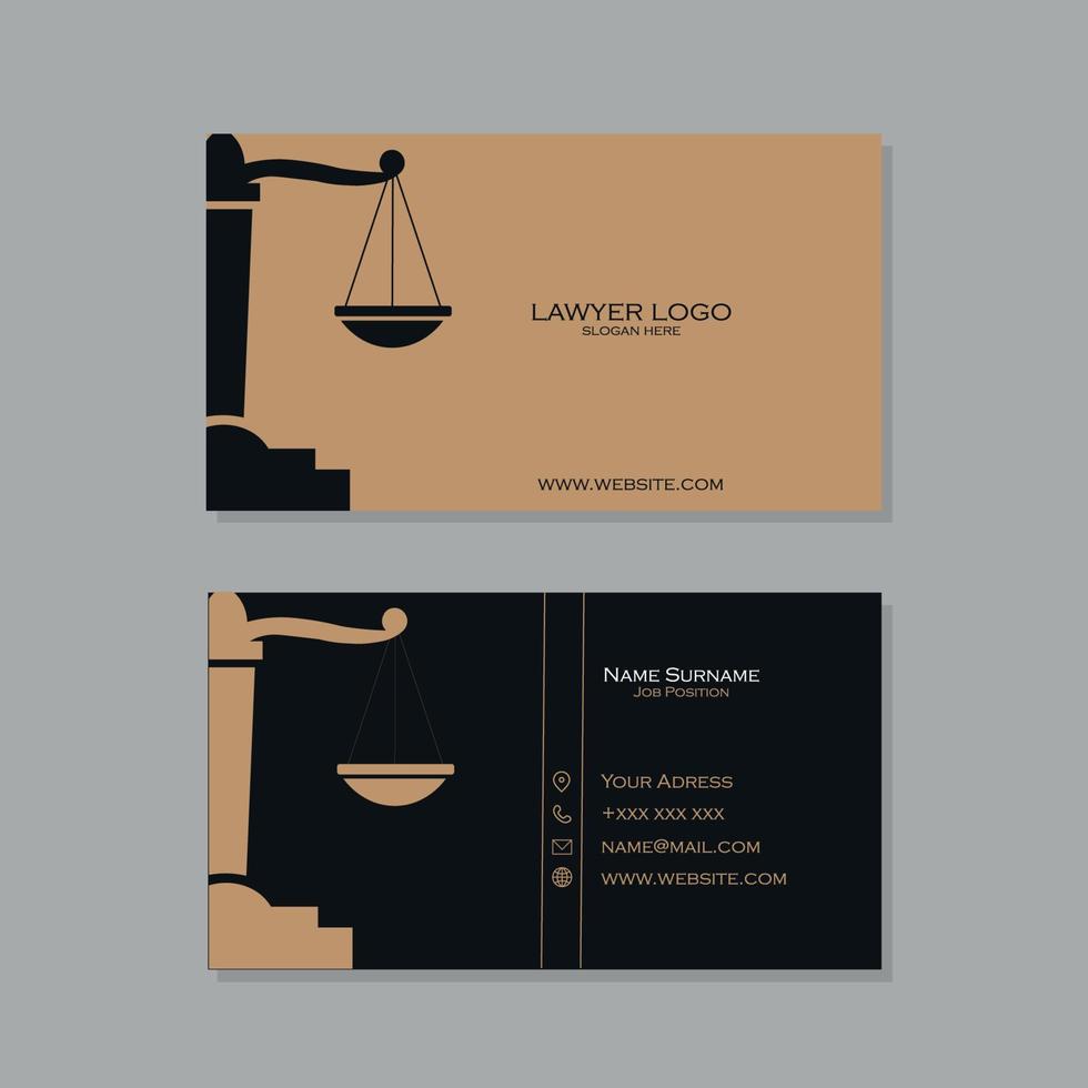 tarjeta de visita de abogado en color mostaza y negro con el logo de la escala de justicia vector