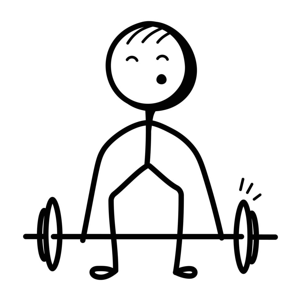 Stick figure weightlifting, hand drawn icon vector