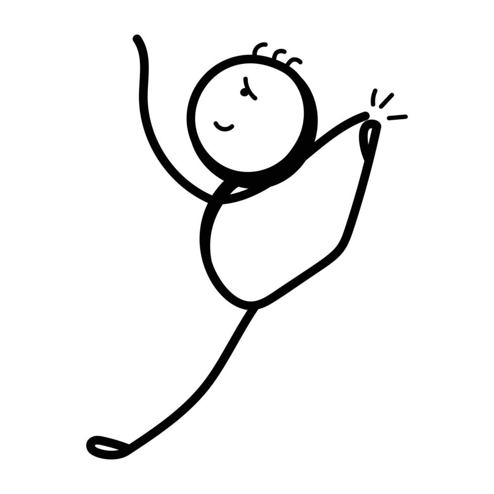 Stick figure stretching one leg up, hand drawn icon of gymnastics vector