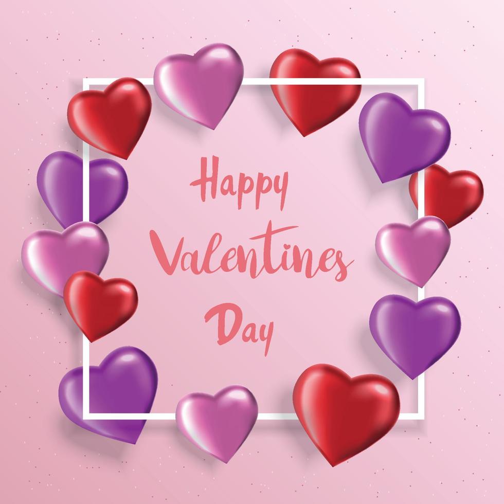 Fondo del día de San Valentín con globos realistas en forma de corazón. tarjeta de felicitación, invitación o plantilla de banner vector