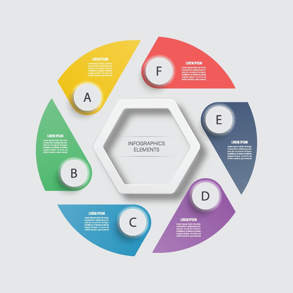 Vector infographic design template. Business concept with 6 options, parts, steps or processes. Can be used for workflow layout, diagram, number options, web design. Data visualization.