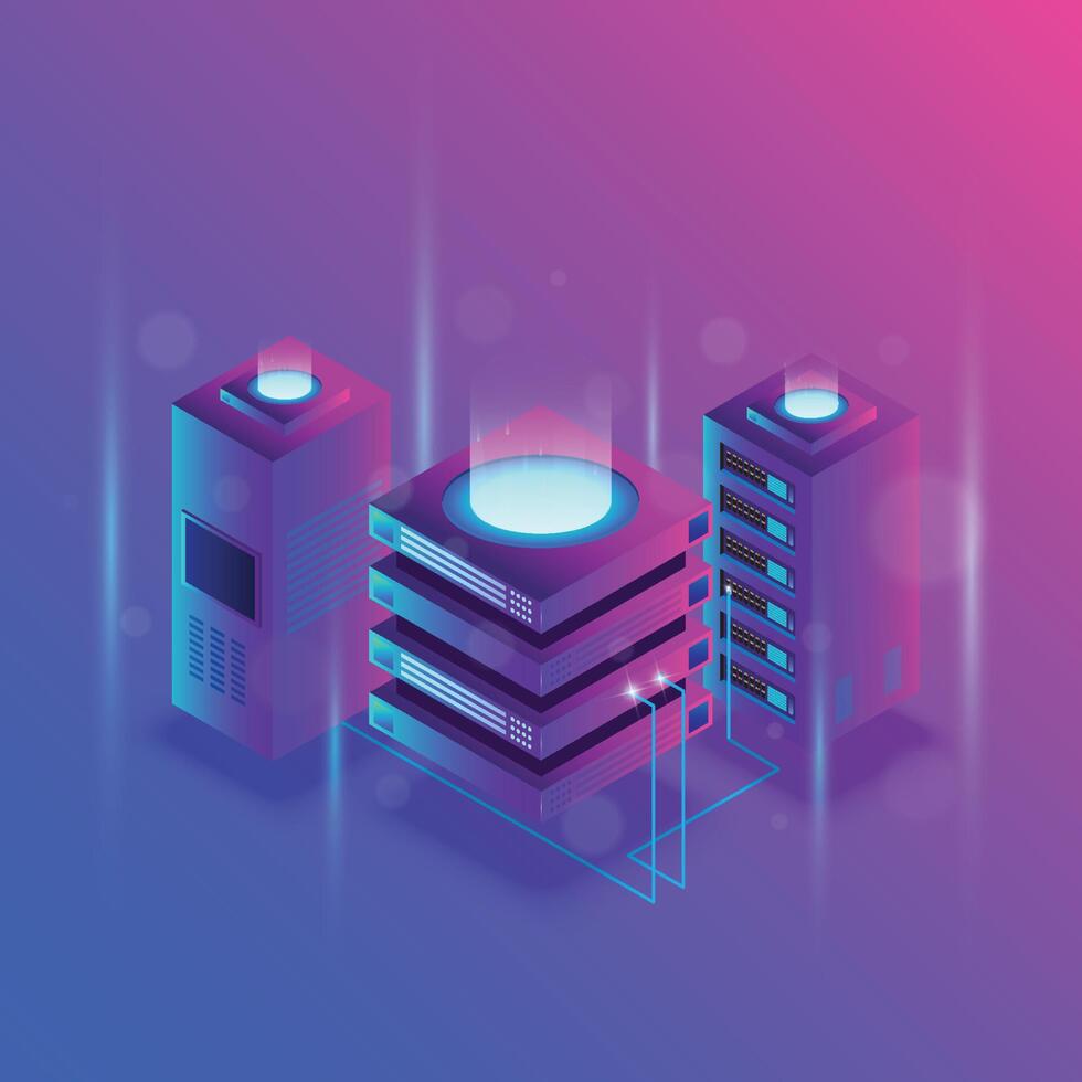 Concept of big data processing, energy station of future, server room rack, data center isometric vector illustration