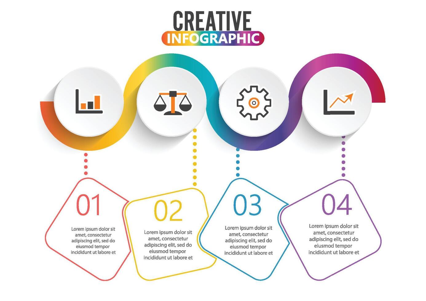 El vector de diseño infográfico y los iconos de marketing se pueden utilizar para el diseño del flujo de trabajo, el diagrama, el informe anual y el diseño web. concepto de negocio con 4 opciones, pasos o procesos.